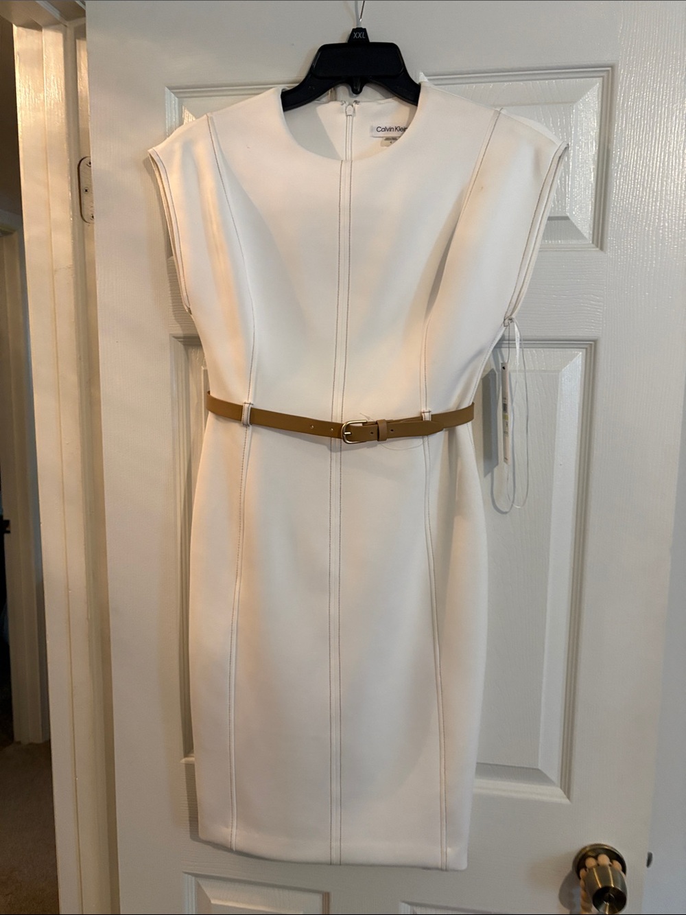 Calvin Klein White Sheath Dress with Tan Belt